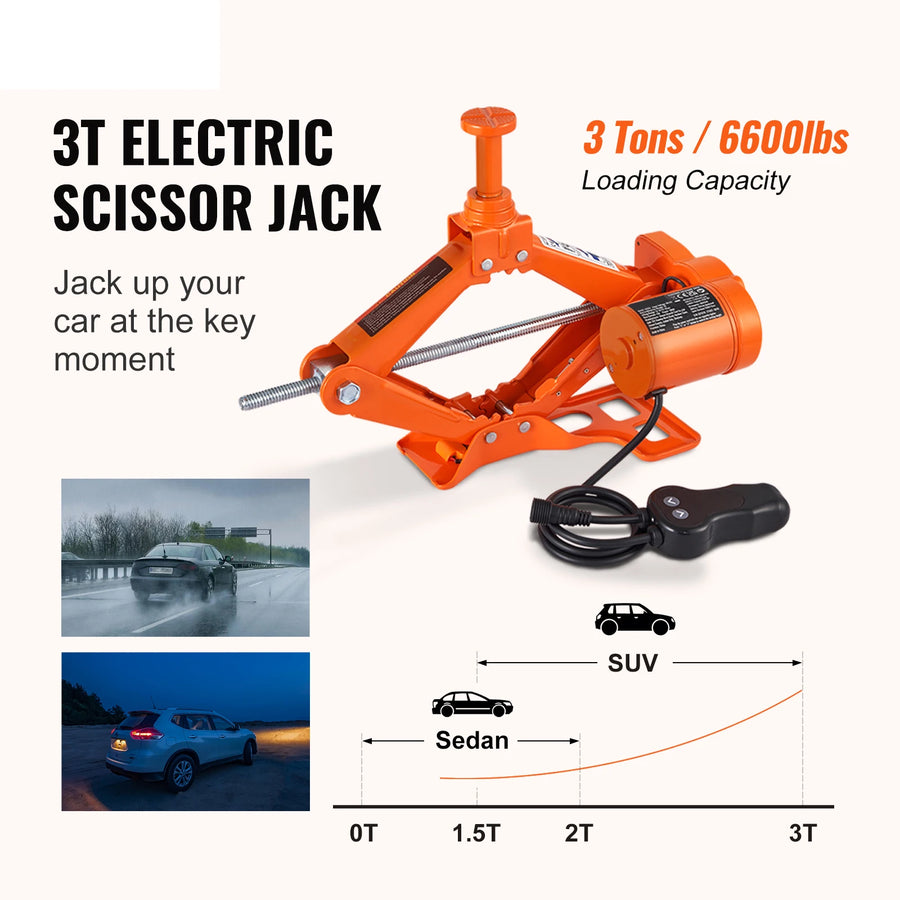 3-Ton 12V Electric Scissor Jack with Optional Impact Wrench