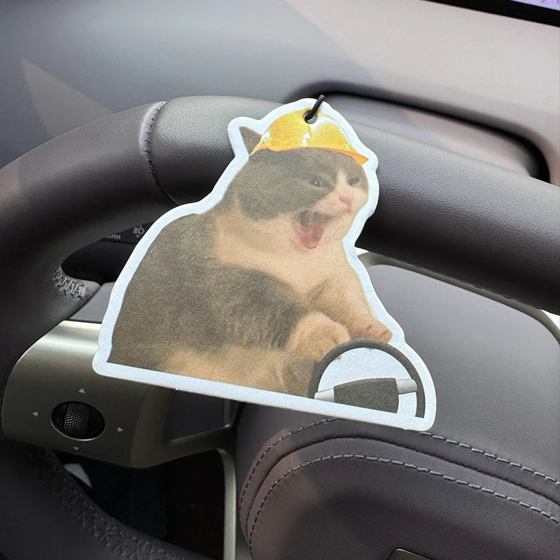Funny Yellow Hard Hat Screaming Driving Cat Hanging Car Air Freshener