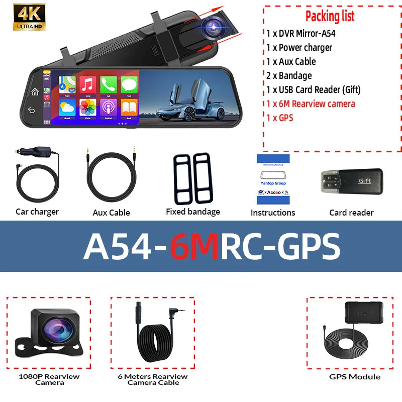 4K Dual Mirror Dash Cam with Wi-Fi App Control, GPS