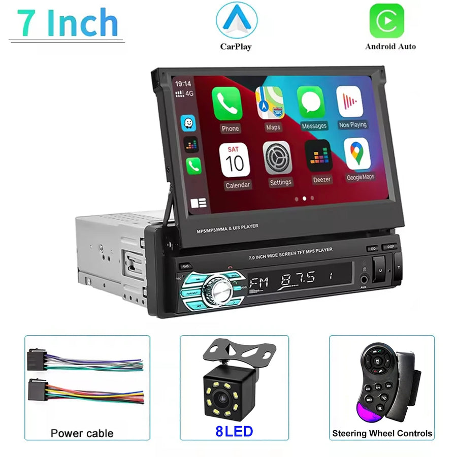 7-Inch 1-DIN Retractable CarPlay and Android Auto Car Stereo