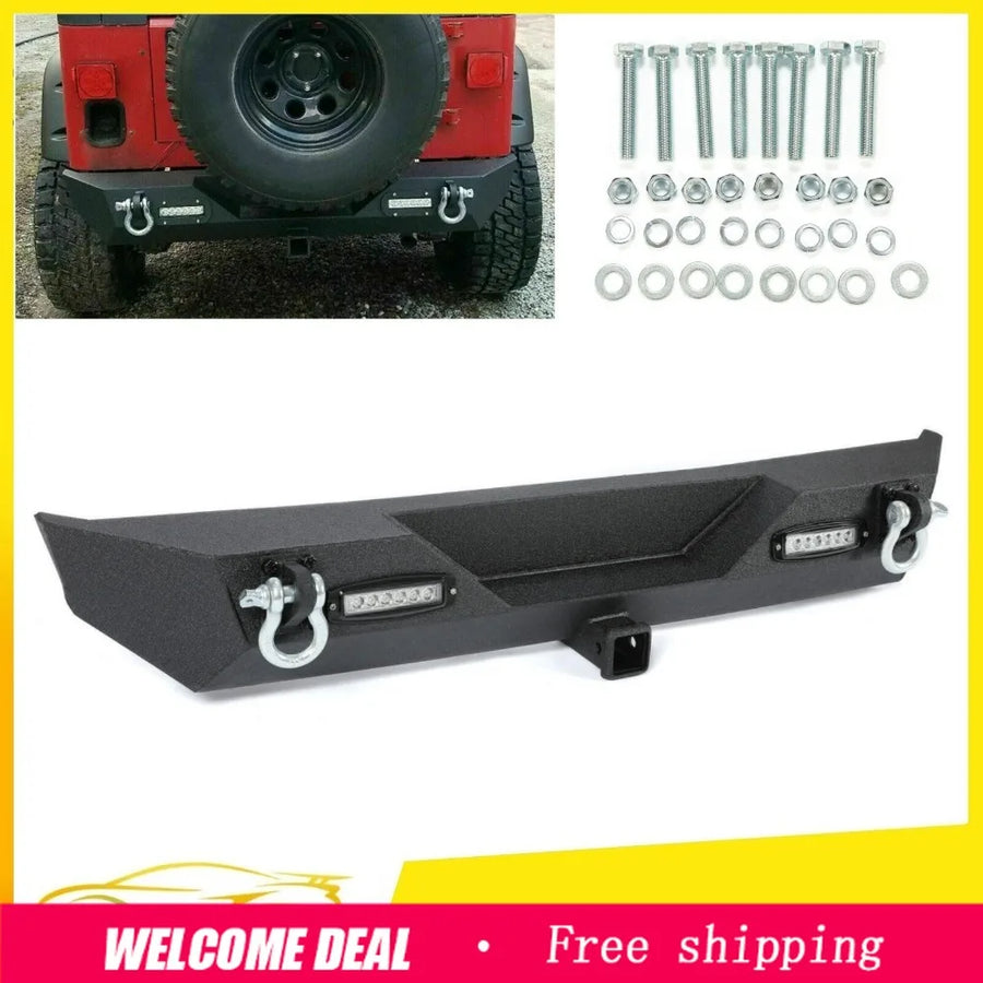Steel Rear Bumper with Hitch & LED Lights – 1987–2006 Jeep Wrangler