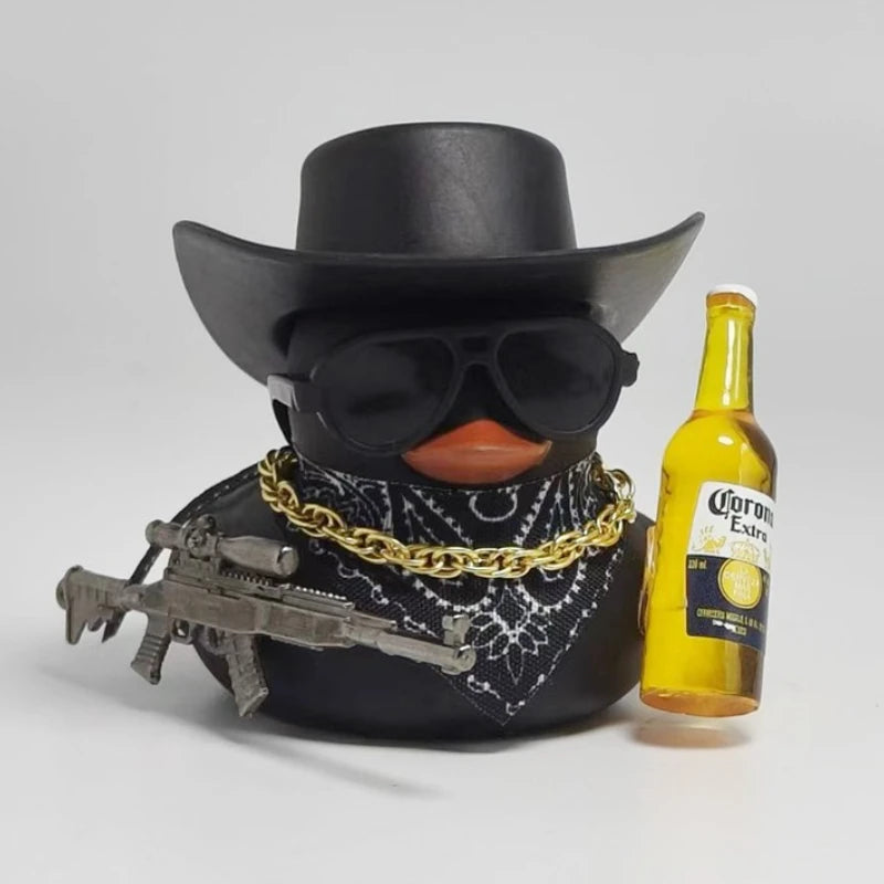 Cool Black Yellow Rich Duck Car Dashboard Decoration Ornaments with Weapon Cowboy Hat Scarf