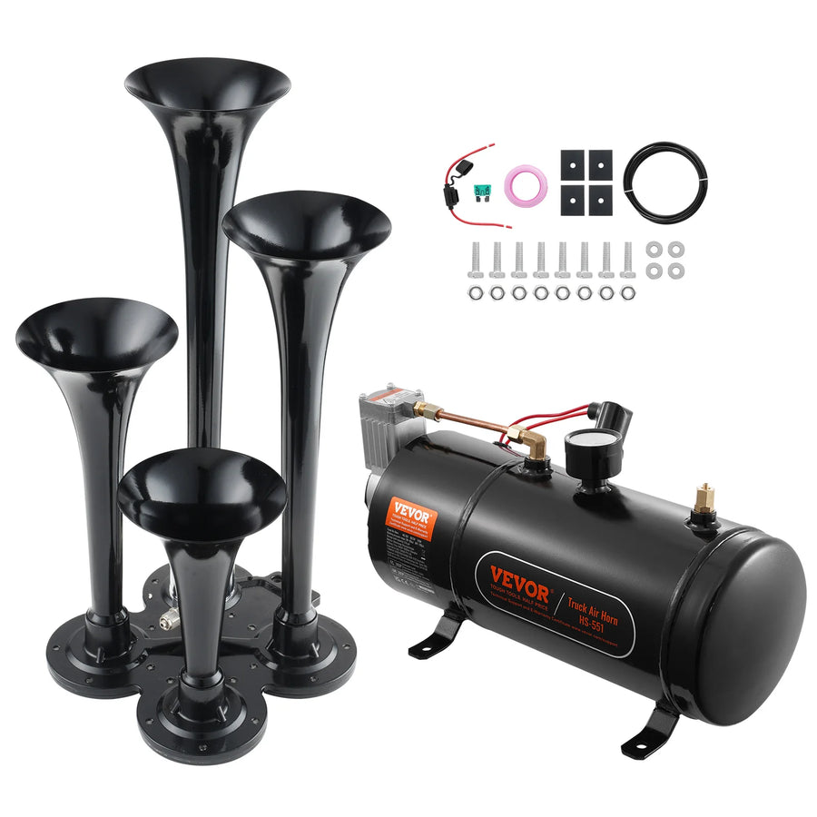 12V Four-Trumpet Air Horn Kit with 0.8 gal Tank & Compressor