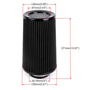 Universal 3-Inch 76mm High-Flow Cone Air Filter, 10.6-Inch Tall