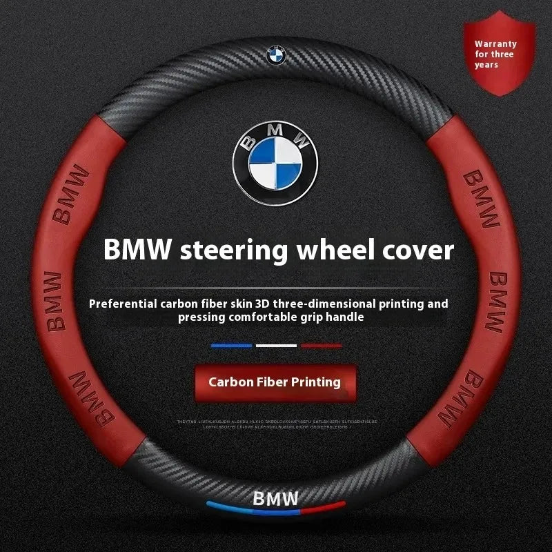 Anti-Slip Carbon Fiber-Look Leather Steering Wheel Cover for BMW