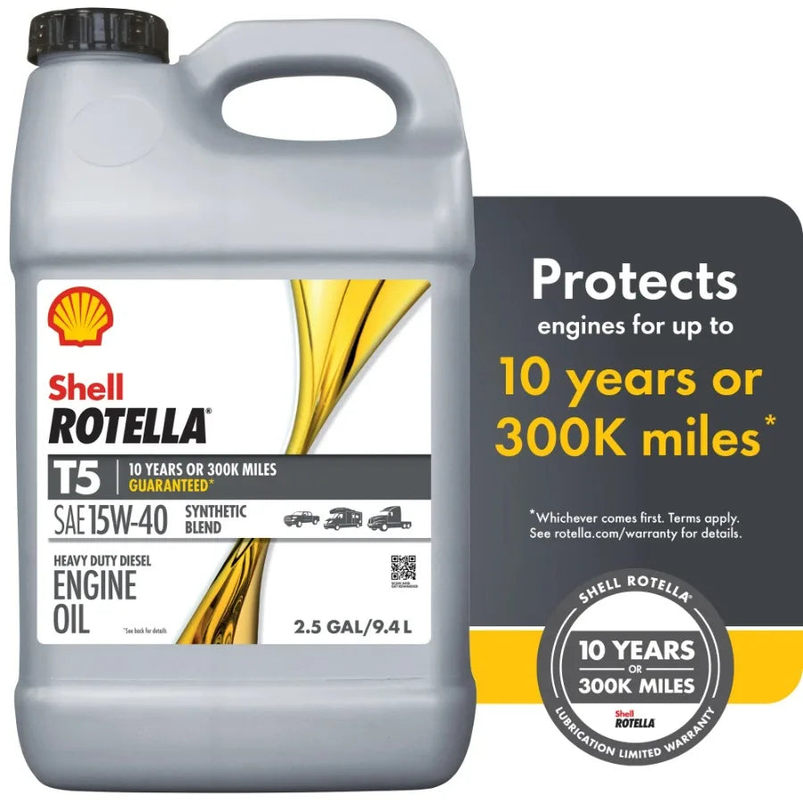 Shell Rotella T5 Synthetic Blend 15W-40 Diesel Engine Oil, 2.5 Gallon