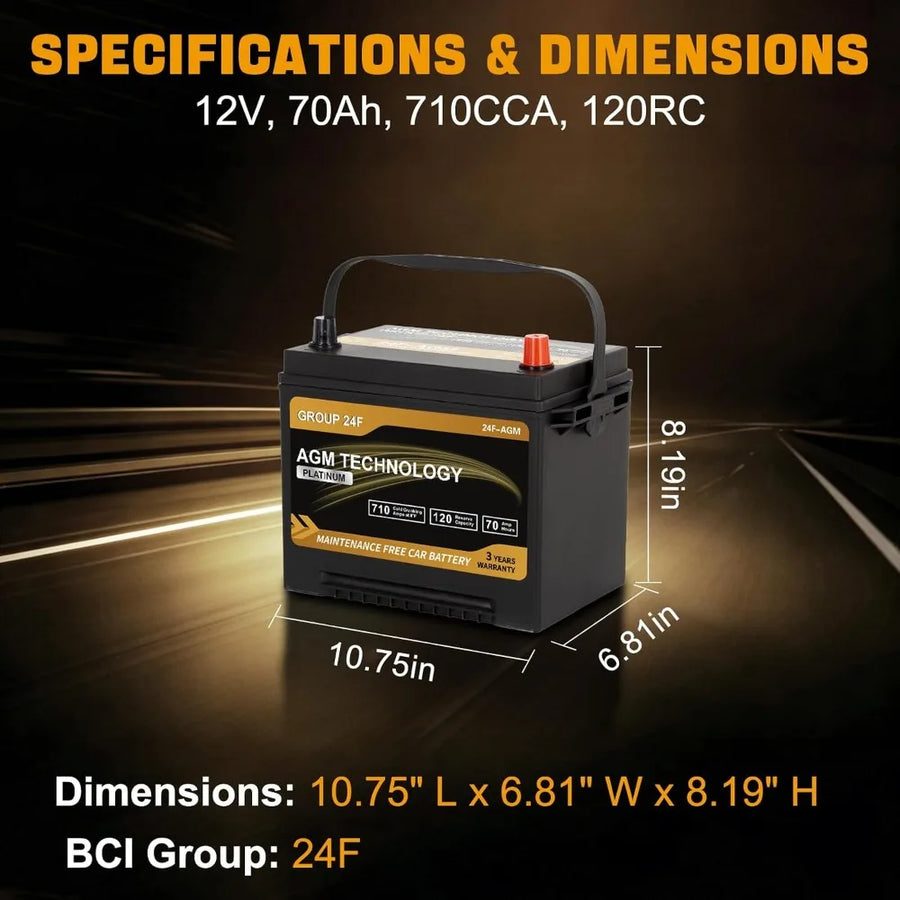 Group 24F 12V 70Ah AGM Automotive Battery - 710 CCA