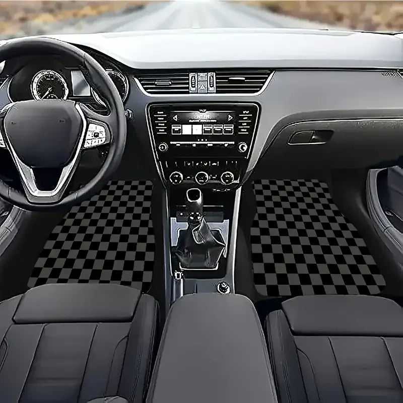 Checkered Universal Car Floor Mats – 4-Piece Set