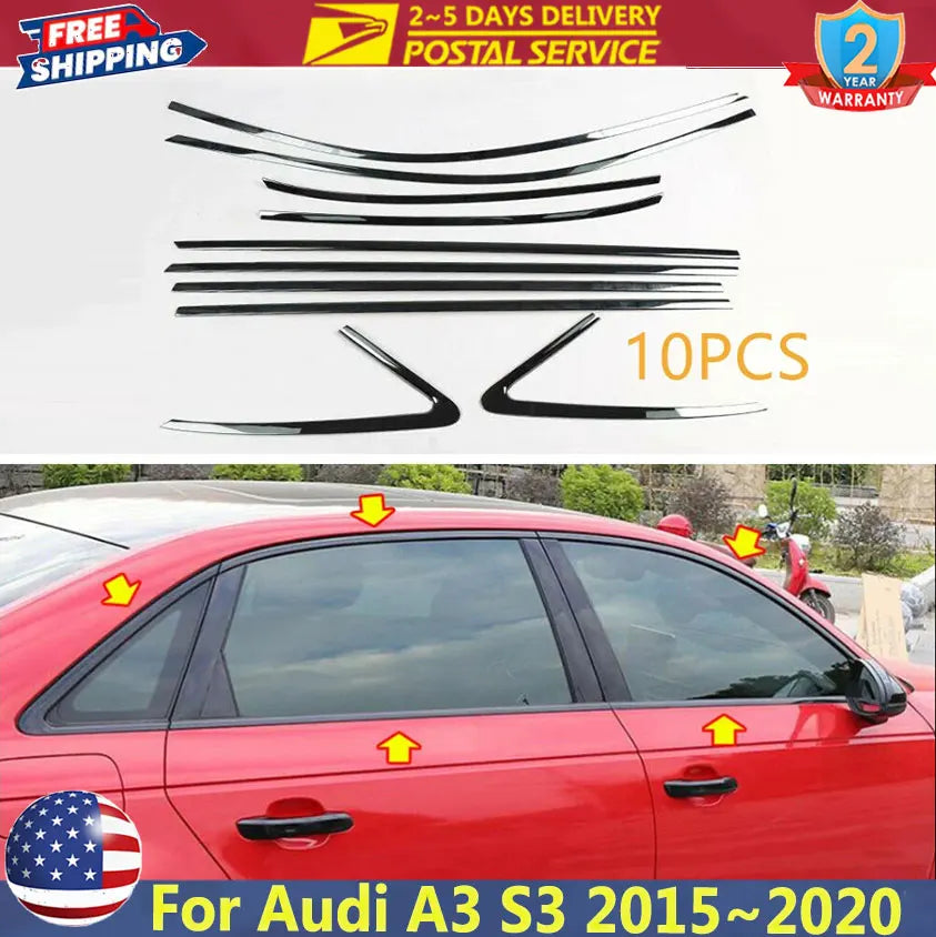 10-Piece Audi A3/S3 Black Stainless Window Trim Set – 2015–2020
