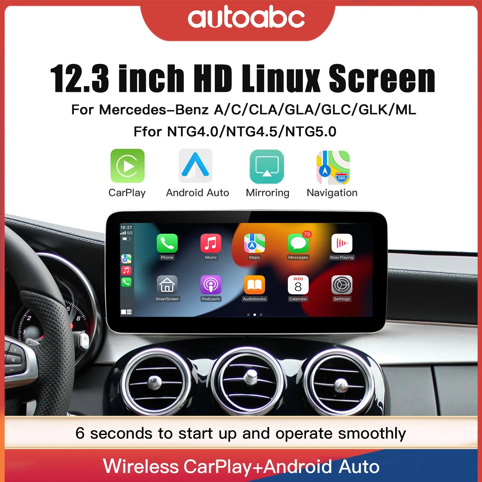 12.3-Inch CarPlay & Android Auto Display for Mercedes-Benz NTG 5.0 A-, B-, C-, E-Class and GLE