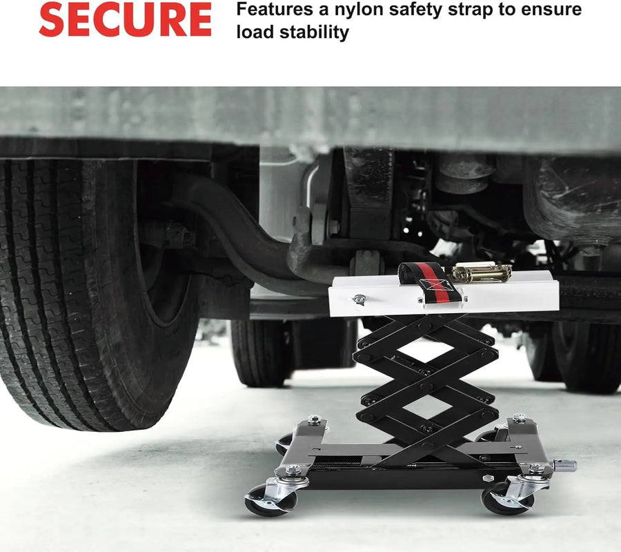 450 lbs Low Profile Transmission Jack with Safety Straps Auto Repair 2007-2023" Lift with 2m Safety Straps& 4 Brake Wheels, Black