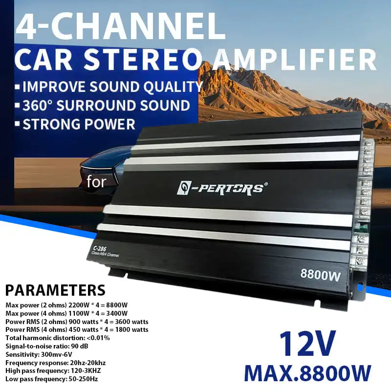 4-Channel Class AB 8800W Max Bridgeable Car Audio Amplifier
