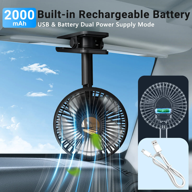 Rechargeable 2000mAh USB Car Cooling Fan with RGB Ambient Light