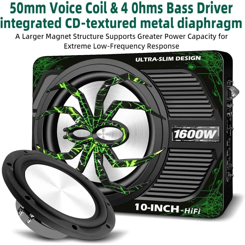 10-Inch 1600W Powered Under-Seat Car Subwoofer with Bass Remote