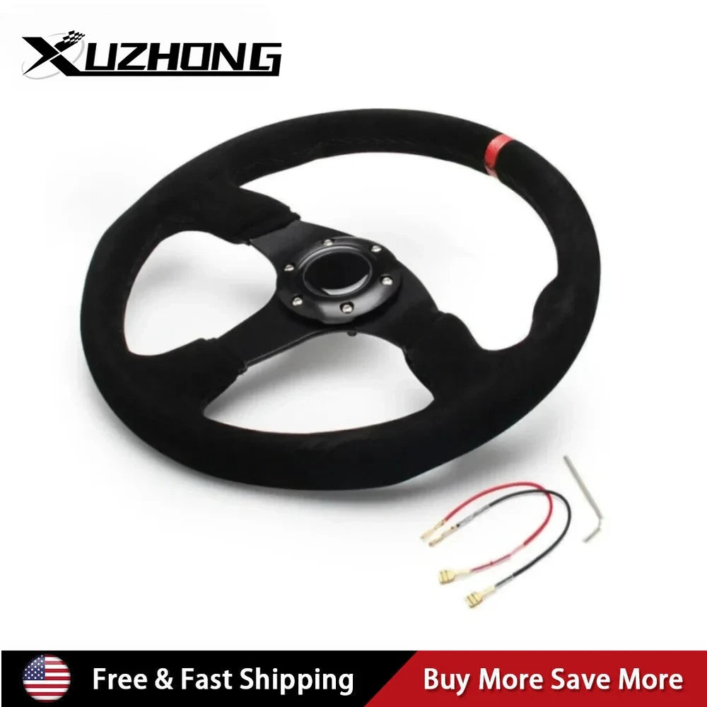 14 Inch 350mm Car Red Racing Suede Leather & Aluminum Alloy Steering Wheel Flat with Horn Button Red