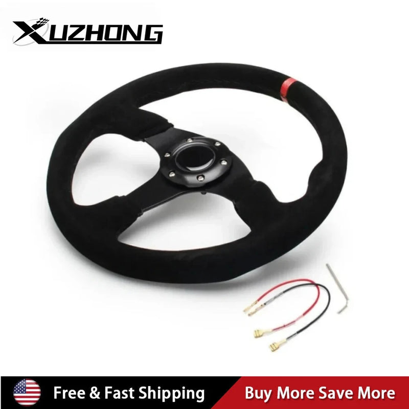 14 Inch 350mm Car Red Racing Suede Leather & Aluminum Alloy Steering Wheel Flat with Horn Button Red