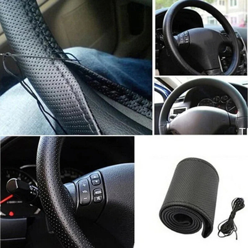 DIY Two-Tone Leather Steering Wheel Cover with Needle and Thread