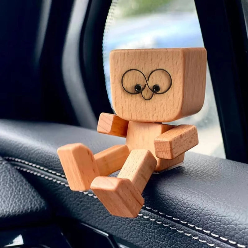Cute Car Shaking Wooden Man Figurine Interior Wood Ornaments with 12 Magnetic Expressions