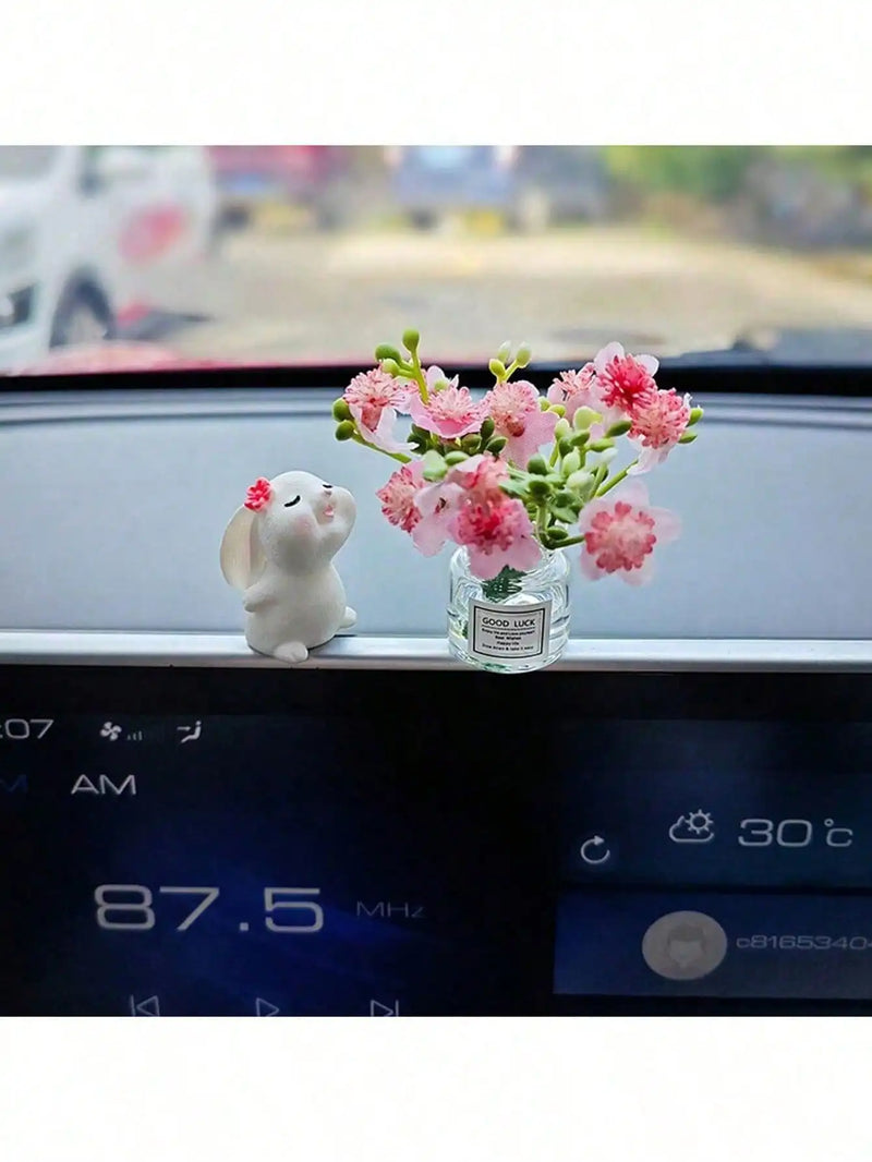 Cute Rabbit Ornament Flower Vase Decor for Car Interior