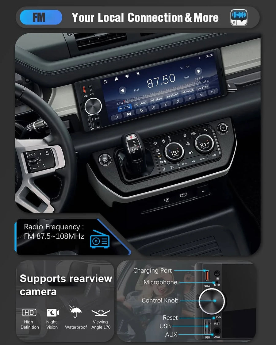 6.86-Inch 1-DIN Wireless CarPlay and Android Auto Car Stereo with USB