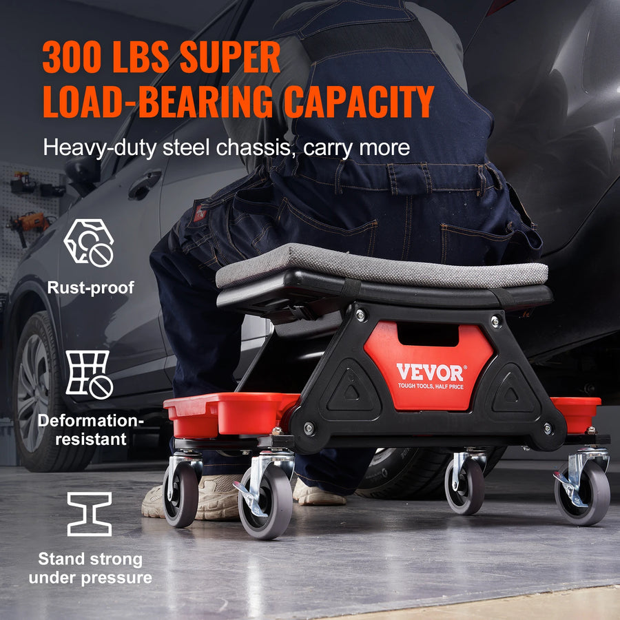 300 Lb Rolling Mechanic Seat with Tool Trays and Drawer