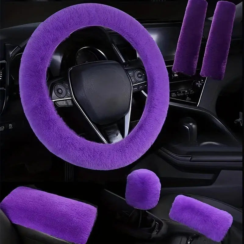 6-Piece Soft Plush Car Interior Accessories Set With Steering Wheel Cover