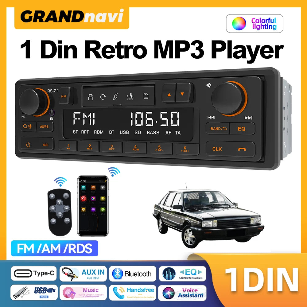 Retro 1-DIN Bluetooth Car Stereo with FM, AM, RDS, DAB and USB