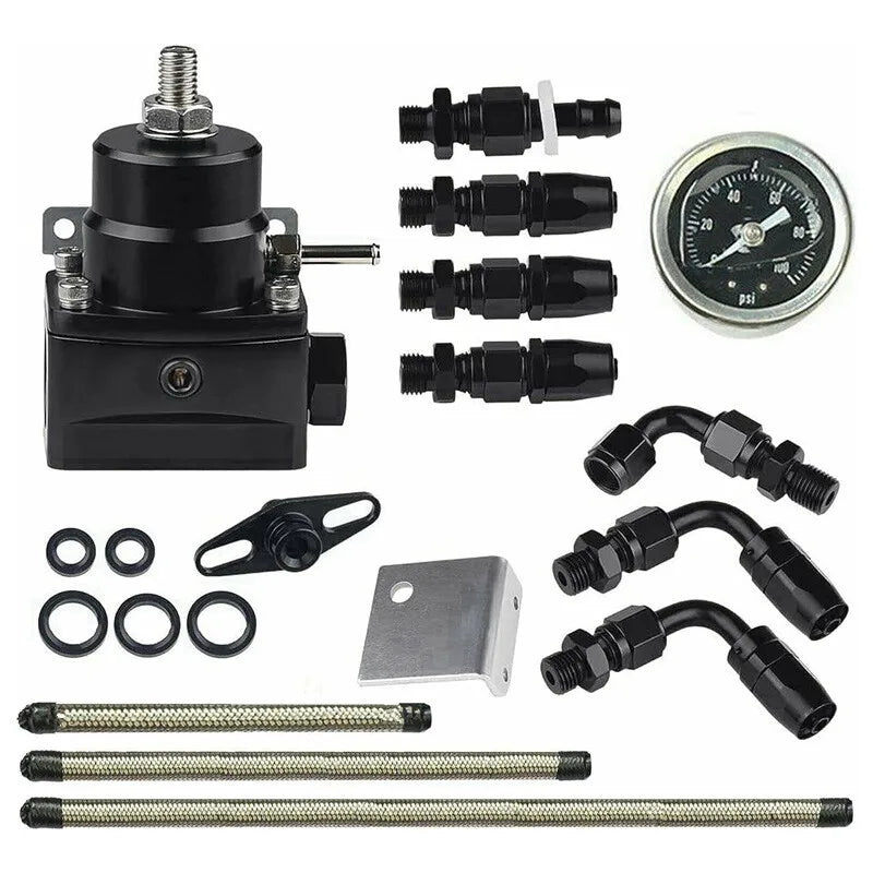Universal Adjustable Fuel Pressure Regulator Kit 100psi Guage AN6 Fitting Black
