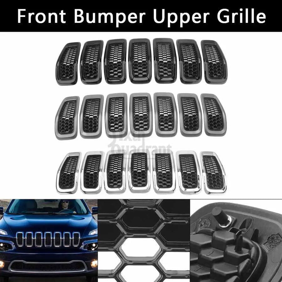 7-Piece Black Front Bumper Upper Grille ABS Plastic for Jeep Cherokee 2014 2015 2016 2017 2018