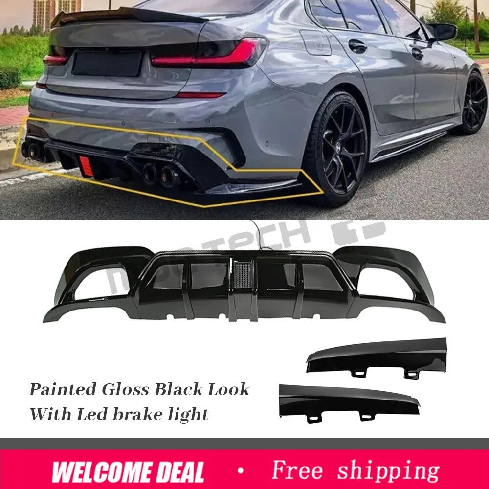 Gloss Black Rear Bumper Diffuser with Light for BMW G20 330i/M340i