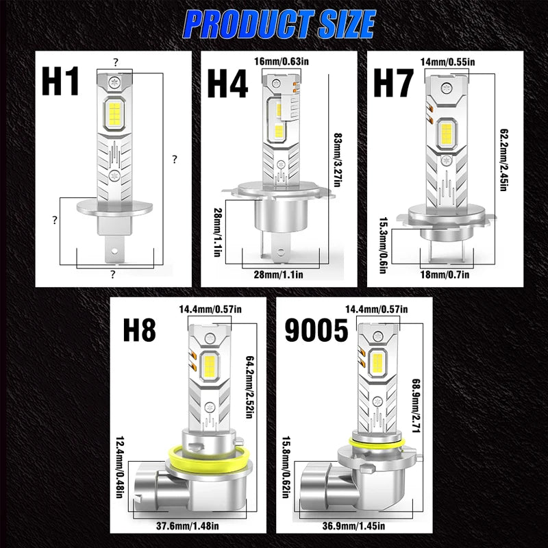 2-Piece H1/H4/H7/H11/9005/9006 LED Headlight Bulb – 6500K, CANBUS, Fanless