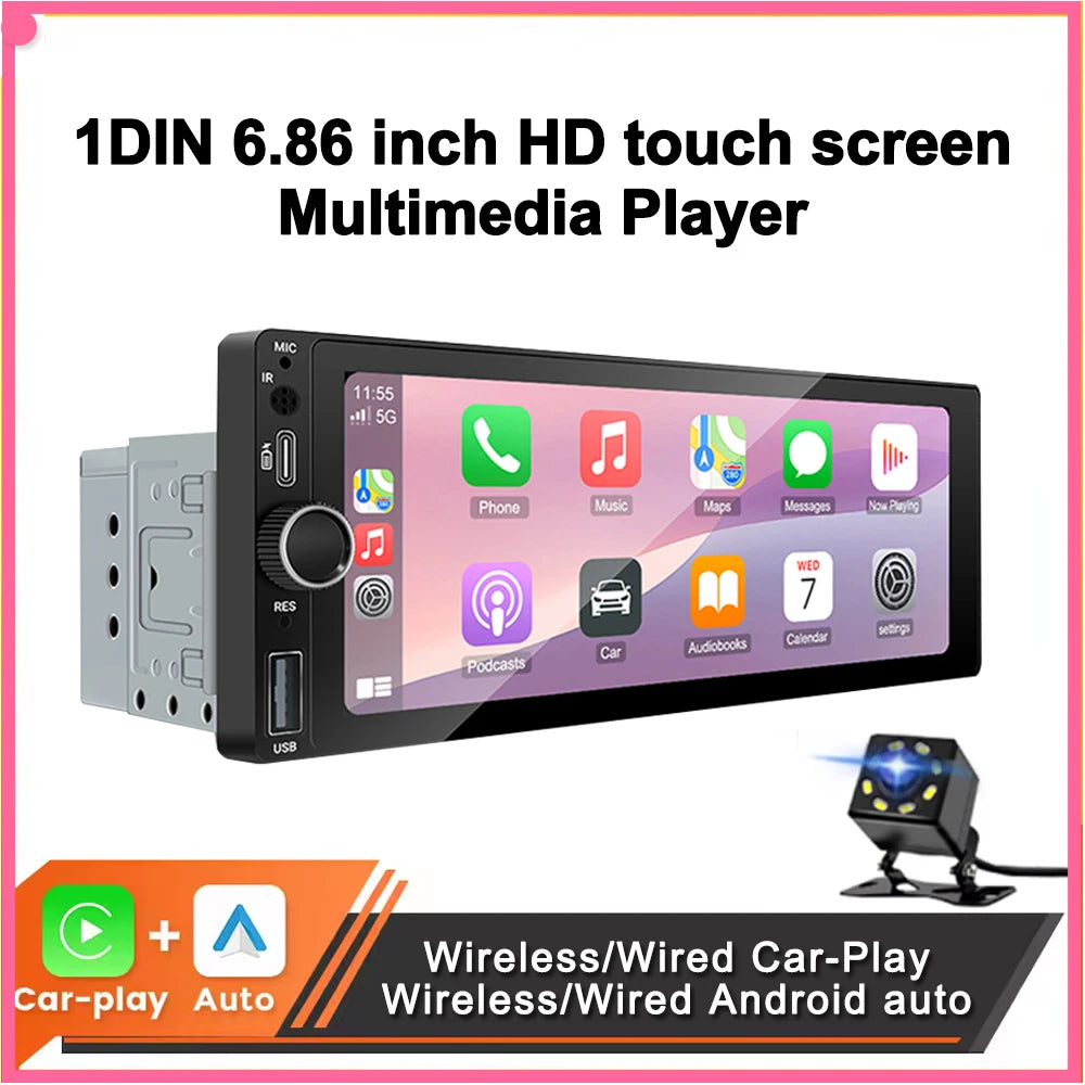 6.86-Inch 1-DIN Wireless CarPlay and Android Auto Car Stereo with USB