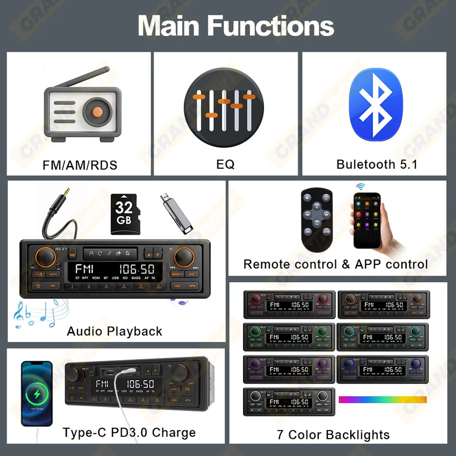 Retro 1-DIN Bluetooth Car Stereo with FM, AM, RDS, DAB and USB