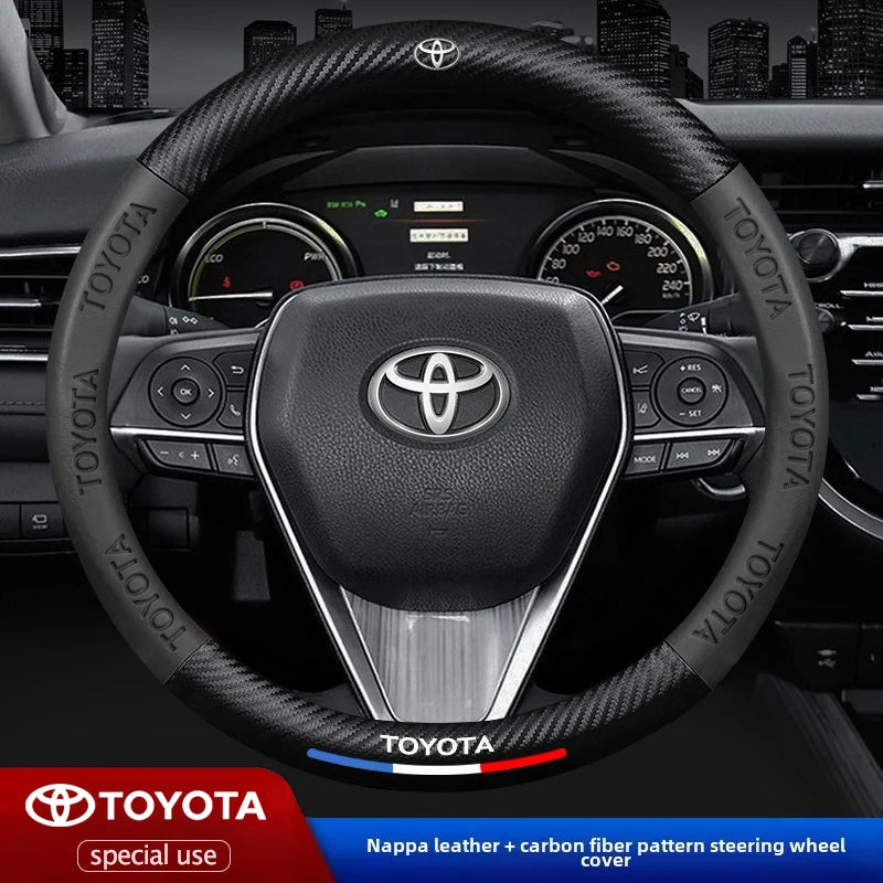 Carbon Fiber-Pattern Leather Steering Wheel Cover for Toyota Vehicles