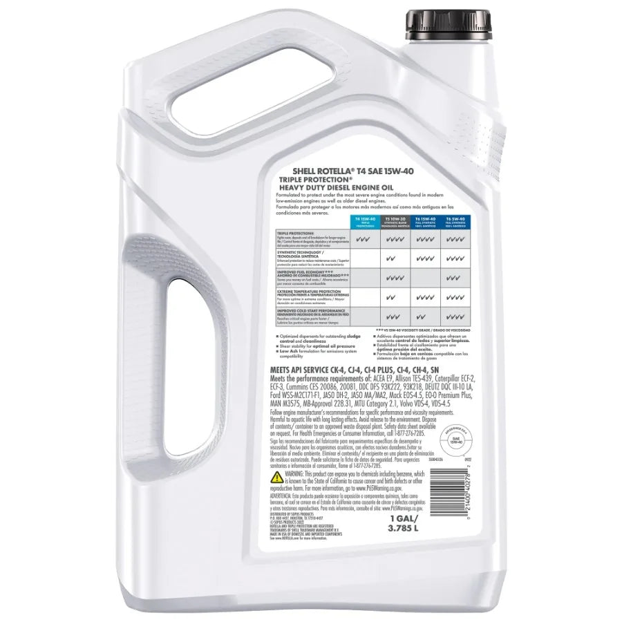 Shell Rotella T4 Triple Protection 15W-40 Diesel Oil, 1 Gallon Case of 3