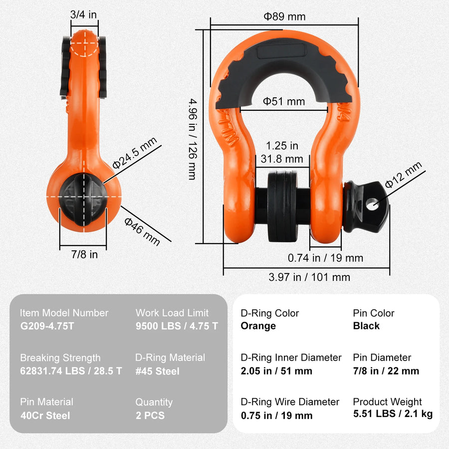 2-Piece 3/4 in Recovery D-Ring Shackle Set – 9,500 lb WLL