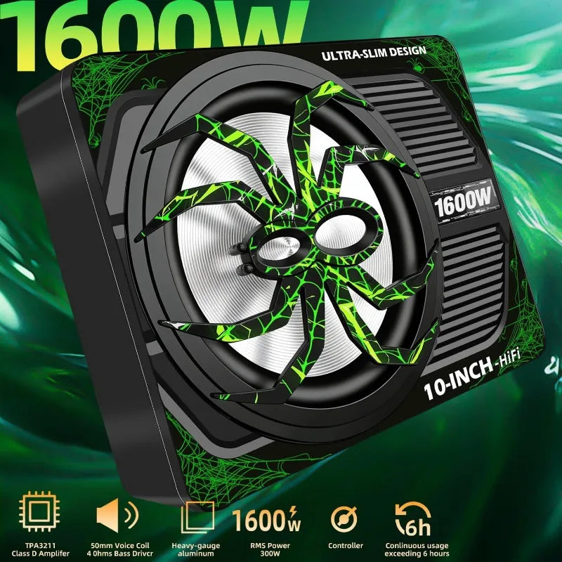 10-Inch 1600W Powered Under-Seat Car Subwoofer with Bass Remote