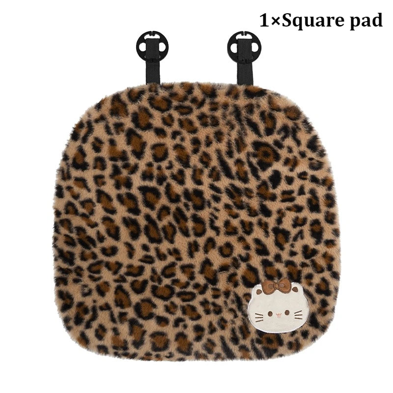 Fun Leopard Print Cartoon Cat Plush Car Seat Covers Set Soft Breathable Rabbit Fur Material