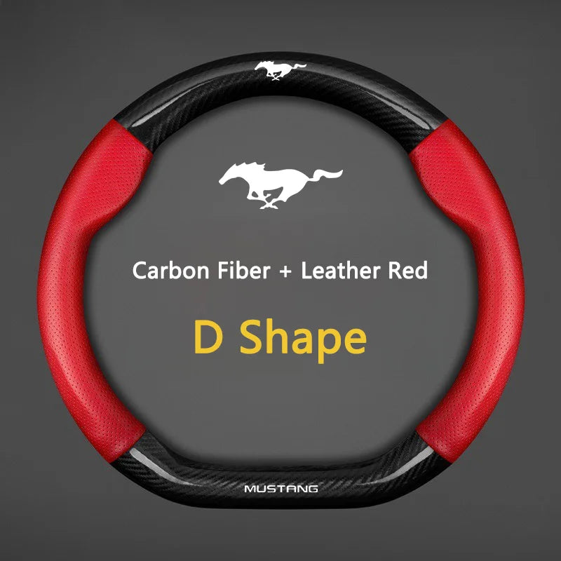 38 cm Carbon Fiber-Pattern Leather Steering Wheel Cover for Ford Mustang