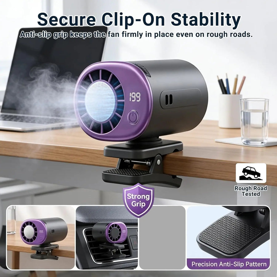Rechargeable Clip-On Car Fan with LED Display and 360° Rotation