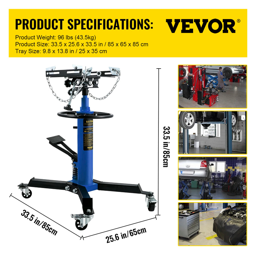 Hydraulic Telescopic Transmission Jack with Foot Pedal and Swivel Casters