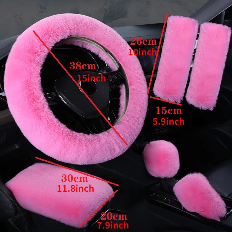 6-Piece Soft Plush Car Interior Accessories Set With Steering Wheel Cover