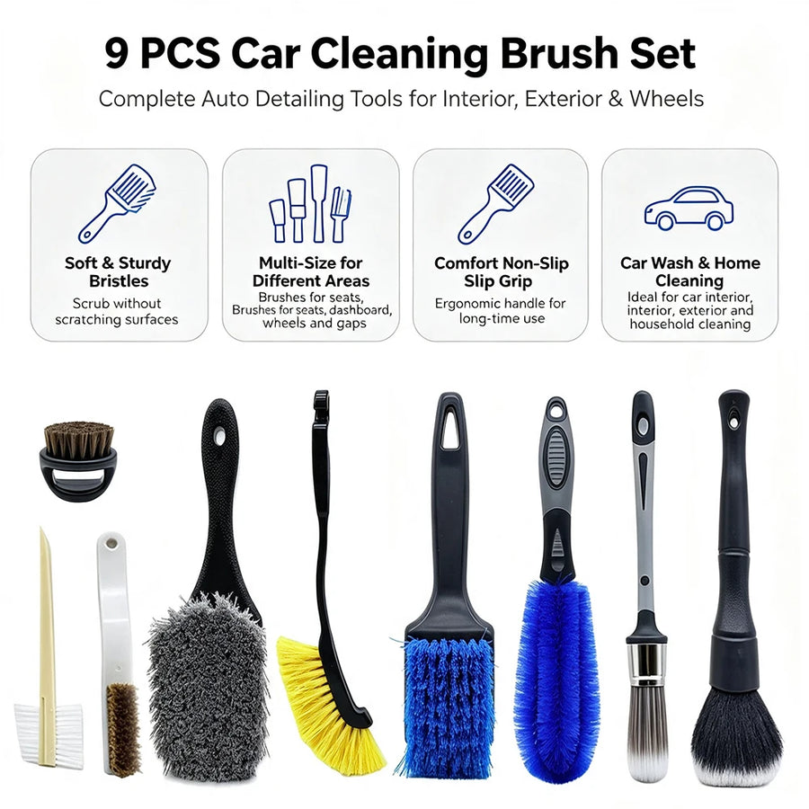 9-Piece Car Detailing Brush Set for Interior & Exterior
