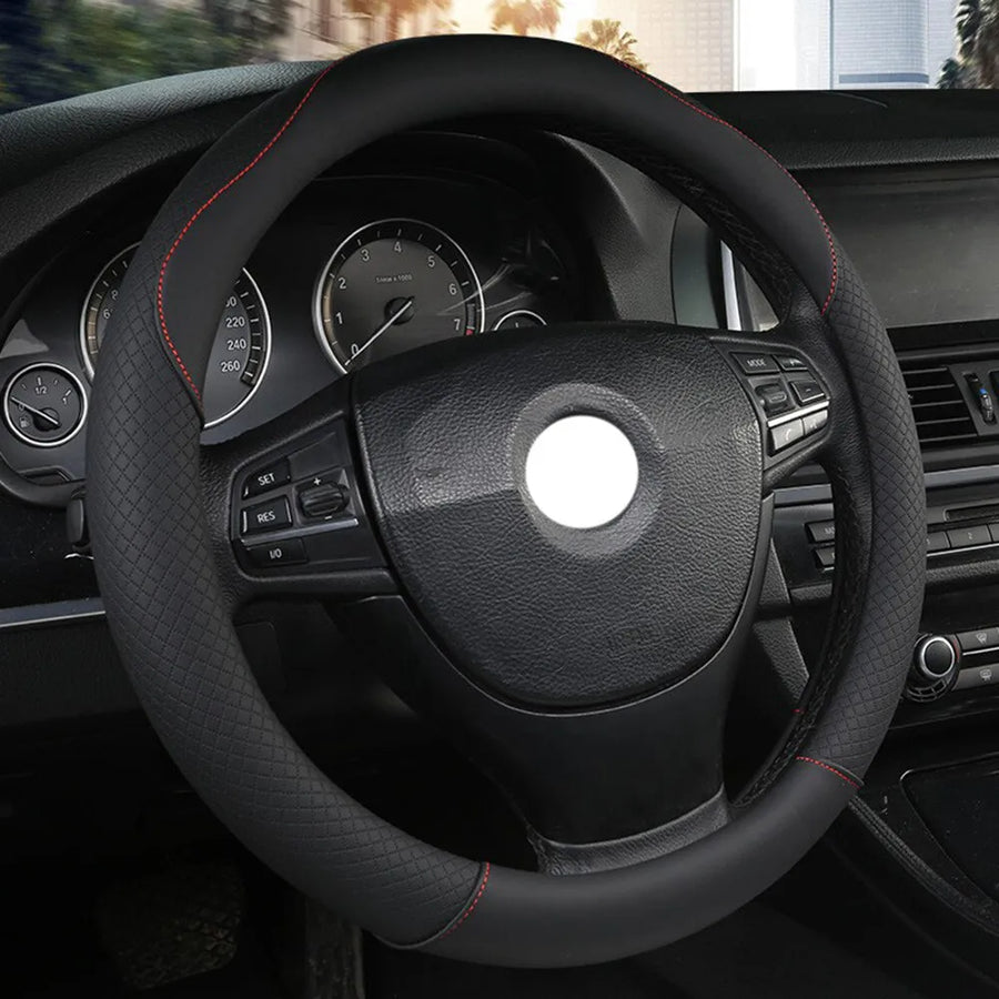 14.5–15.5 in Universal Microfiber PU Steering Wheel Cover – Black
