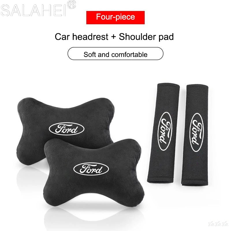 Suede Headrest Neck Pillow and Seat Belt Shoulder Cover Accessories for Ford Vehicles