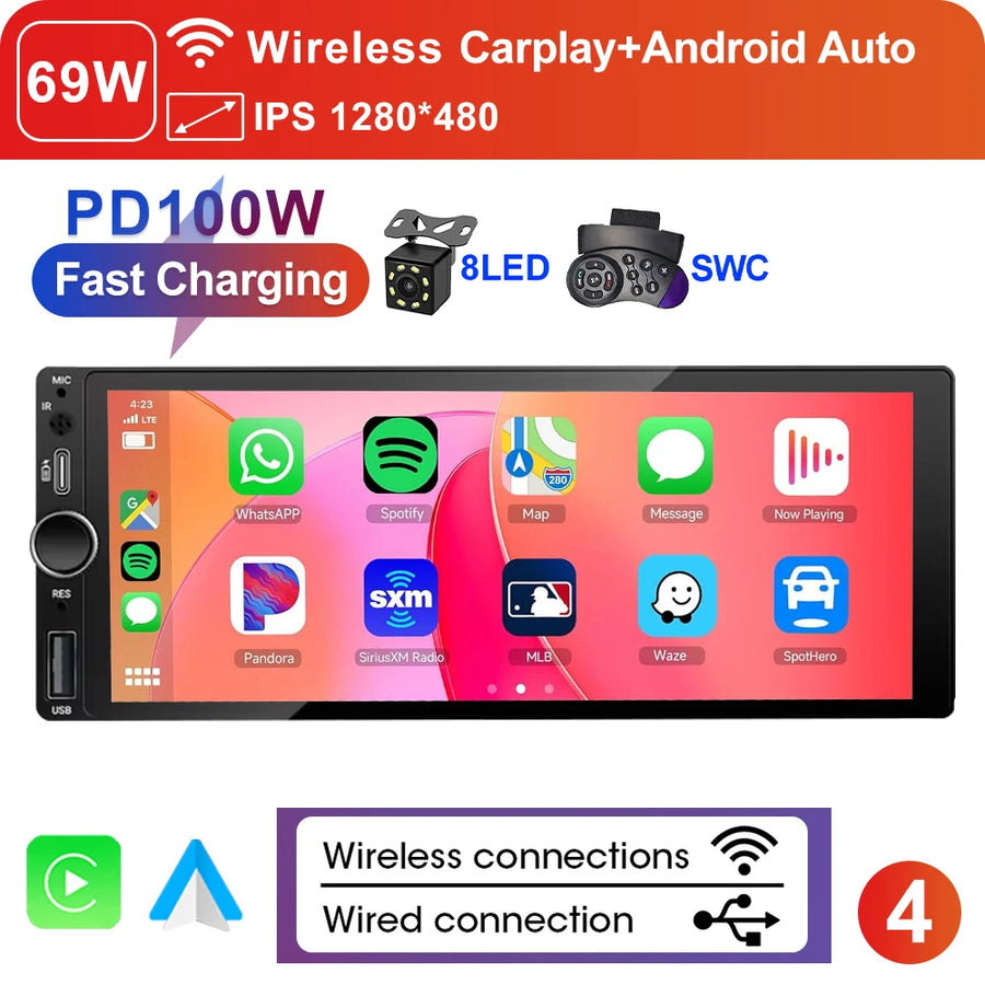 6.9-Inch 1-DIN Wireless CarPlay and Android Auto Car Stereo