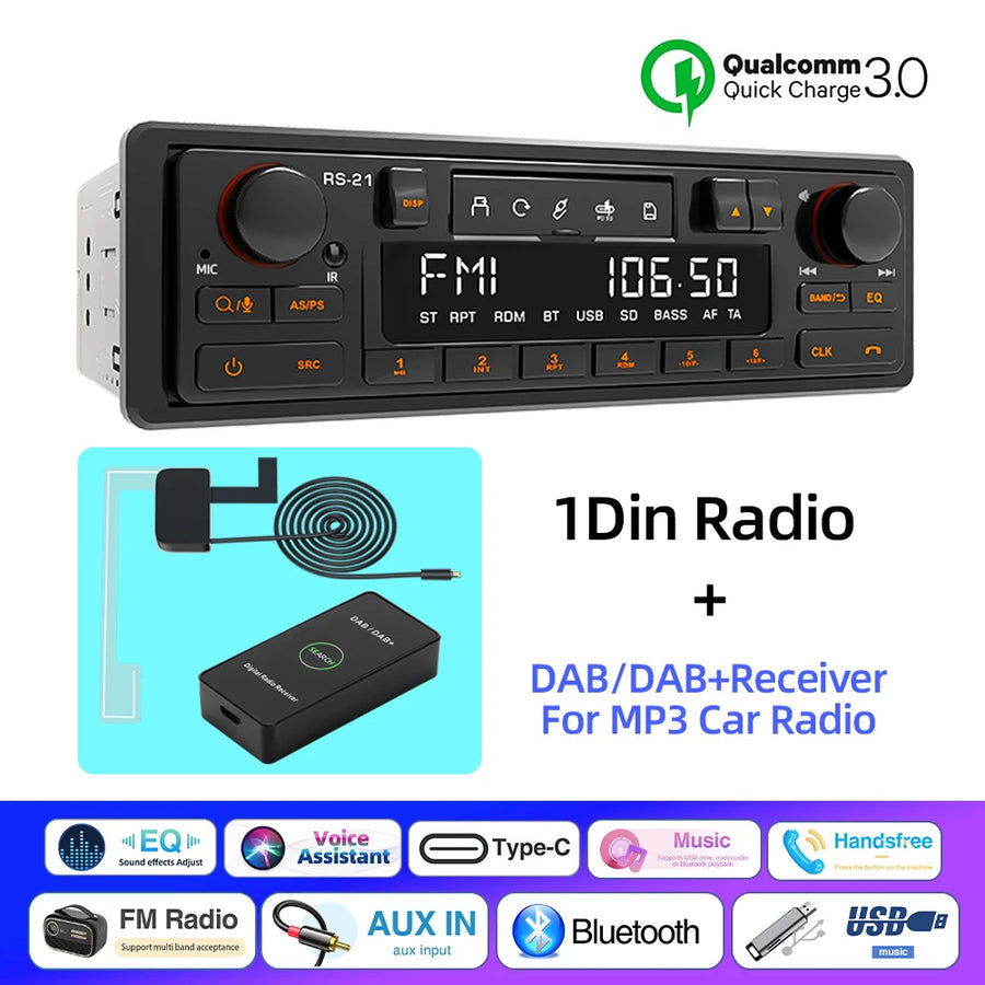 Retro 1-DIN Bluetooth Car Stereo with FM, AM, RDS, DAB and USB