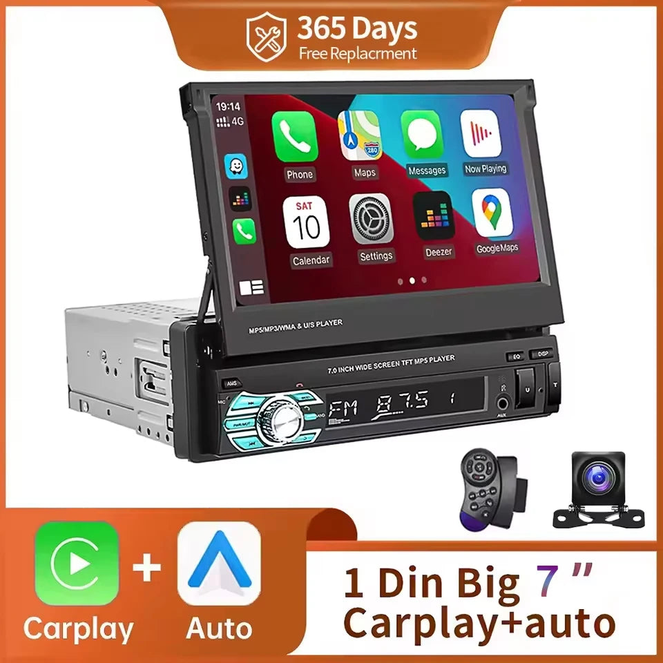 7-Inch 1-DIN Retractable CarPlay and Android Auto Car Stereo