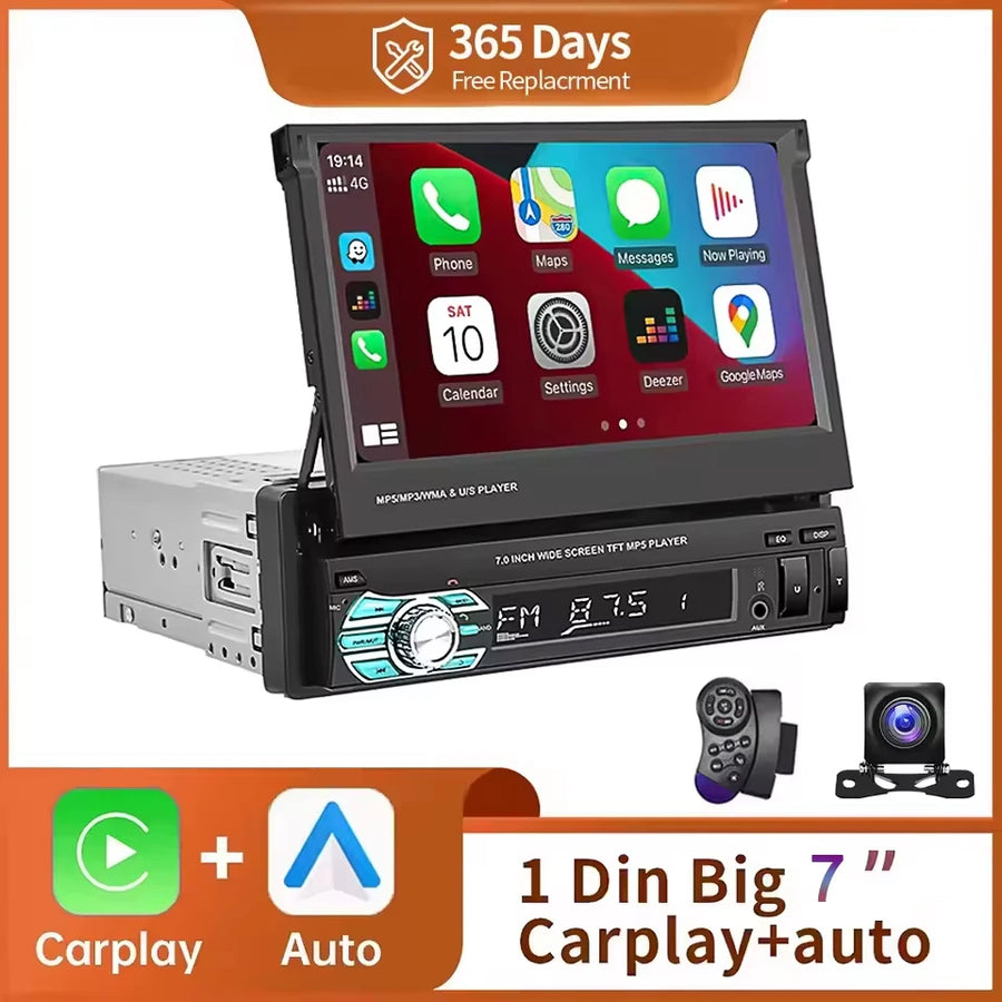7-Inch 1-DIN Retractable CarPlay and Android Auto Car Stereo