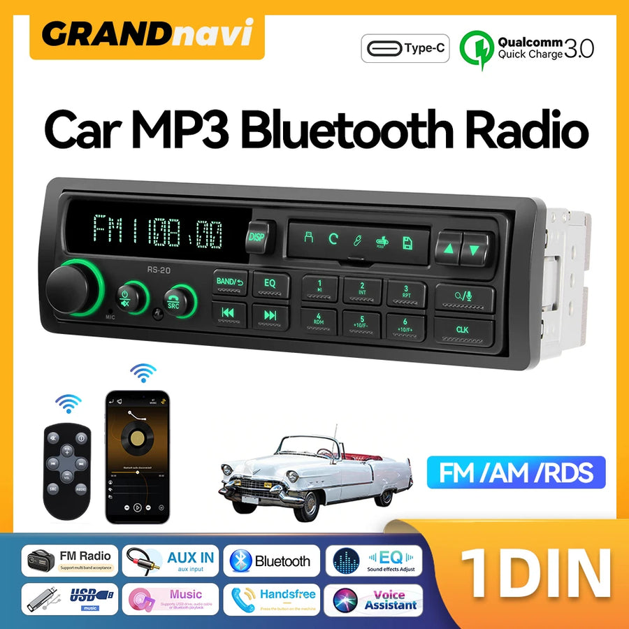 Retro 1-DIN Bluetooth Car Stereo with FM, AM, RDS, DAB and USB